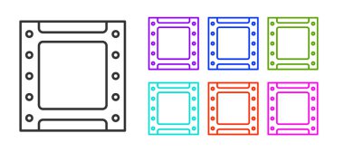 Beyaz arkaplanda siyah çizgi Oynat video simgesi izole edildi. Film şeridi tabelası. Simgeleri renklendirin. Vektör