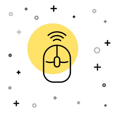 Beyaz arkaplanda siyah çizgi kablosuz bilgisayar fare simgesi izole edildi. Tekerlek sembollü optik. Rastgele dinamik şekiller. Vektör