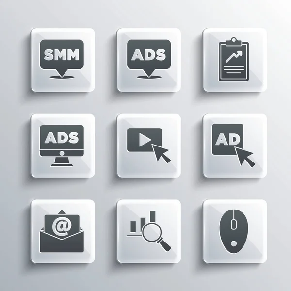 Definir Lupa Análise Mouse Computador Publicidade Mail Correio Marketing Mídia —  Vetores de Stock