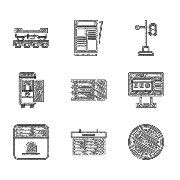 Állítsa Vonatjegyet Állomás Ellátás Óra Jegyiroda Jegyvásárlás Vonat Autó Közlekedési — Stock Vector