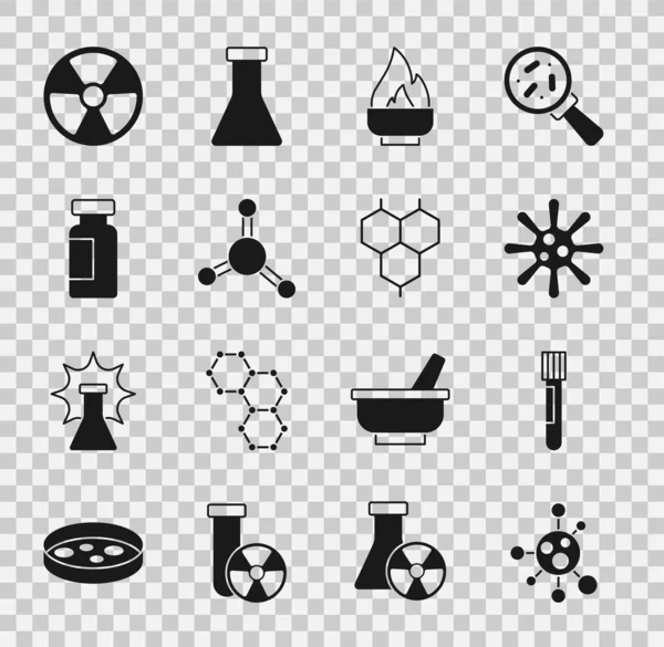 Set Molécula Tubo Ensayo Matraz Bacterias Quemador Alcohol Alcohol Icono — Archivo Imágenes Vectoriales