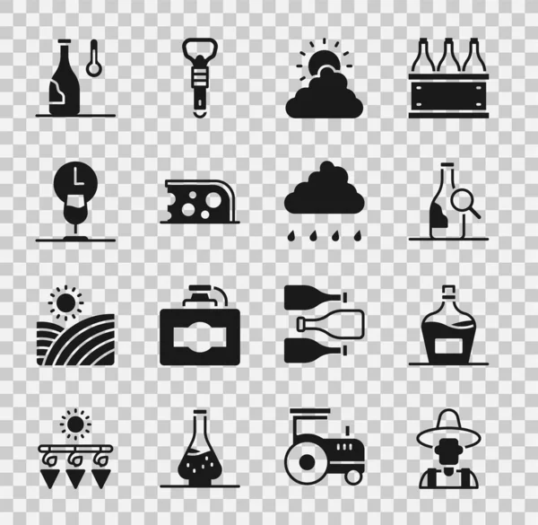 Şapkadaki çiftçi, eski şarap, şişe, güneş ve bulut havası, peynir, şarap zamanı, sıcaklık ve yağmur ikonlu bulut. Vektör