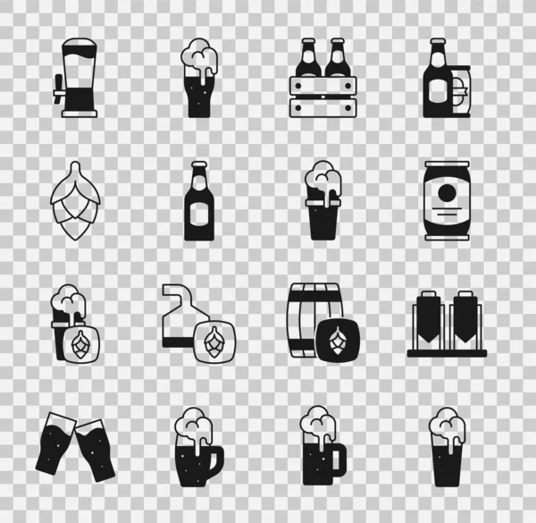 集啤酒 啤酒酿造工艺 包装瓶 啤酒花 水龙头 图标为一体 — 图库矢量图片