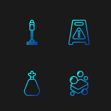 Bir kalıp sabun, çöp torbası, elektrikli süpürge ve ıslak zemin. Renk simgeleri. Vektör