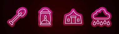 Kürek, Kamp Feneri, Turist Çadırı ve Yağmurlu Bulut. Parlayan neon ikonu. Vektör
