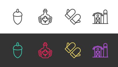 Meşe palamudu, bir şişe akçaağaç şurubu, Noel eldiveni ve siyah beyaz üzerine çiftlik evi. Vektör