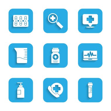 İlaç şişesi, acil durum telefonu, kan testi tüpü, dizüstü bilgisayar kardiyogramı, el dezenfektanı, ölçüm kabı, harita işaretleyici haçı ve hap kutusu ikonu. Vektör