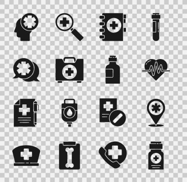İlaç şişesi, çapraz hastaneli harita işaretleyici, kalp atış hızı, tıbbi pano, ilk yardım kiti, doktor diyaloğu, erkek kafası ve ilaç şurubu ikonu. Vektör
