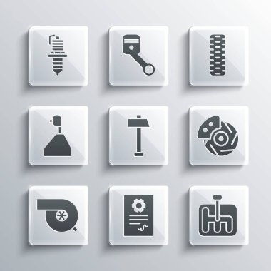 Otomotiv kontrol, vites kolu, araba fren diski, kalibre, çekiç, otomotiv turbo şarj aleti, buji ve tekerlek simgesini ayarla. Vektör