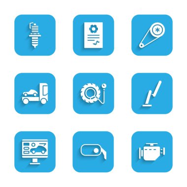 Lastik basınç göstergesi, araba dikiz aynası, motoru kontrol et, ön ekran sileceği, arabanın teşhis durumu, taşıyıcı kamyonu, zaman ayarlı kemer kiti ve buji ikonu. Vektör