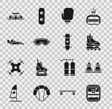 İlk yardım çantası, Snowboard, paten, boks eldiveni, kayak gözlüğü, Formula 1 yarış arabası ve uzun kaykay ikonu. Vektör