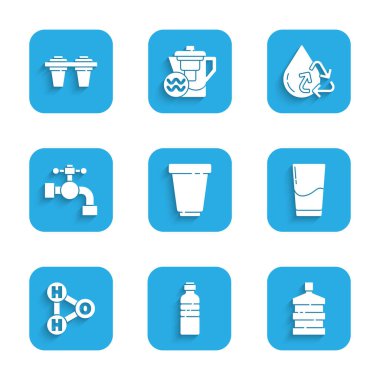 Su filtresi kartuşu, bir şişe su, temiz, cam, kimyasal formül ile H2O, tap, geri dönüşüm suyu ve simge. Vektör