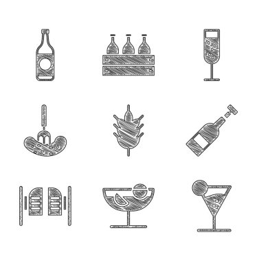 Hop, Cocktail, Martini bardağı, açılmış şarap şişesi, salon kapısı, salatalık çatalı, cam şampanya ve bira ikonu. Vektör