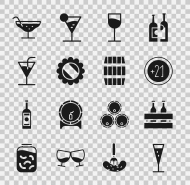 Şampanyayı hazırla, bira şişelerini paketle, alkol 21 'i artır, şarap bardağı, şişe kapağı, kokteyl ve tahta fıçı ikonu. Vektör