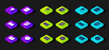 Okul sırt çantası, zil sesi, açık kitap, cevapları yanlış olan sınav kağıdı, Spiral defter ve fikir ikonu ampulü kavramı. Vektör