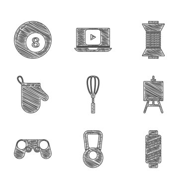 Mutfak çırpıcısını, Kettlebell 'i, dikiş ipliğini makaraya, Easel' e veya resim tahtalarına, Gamepad 'e, fırın eldivenine ve bilardo topu ikonuna yerleştir. Vektör