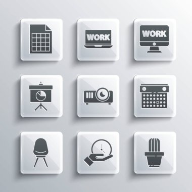 Saat, Kaktüs ve tencere, Takvim, Film, Film, Medya Projektörü, Ofis Sandalyesi, Diyagram, Dosya Belgesi ve Monitör metin simgesine sahip döşeme tahtası. Vektör