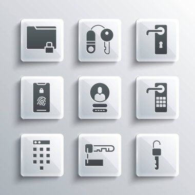 İşaretli anahtar, Kilitsiz, Dijital kapı, Hesap ekranı oluştur, Parola koruması, Parmak izi taraması ile mobil, Dizin ve Kapı kulplu simge. Vektör