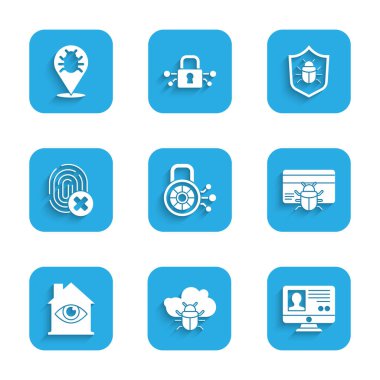 Siber güvenliği ayarla, sistem hatasını buluta yerleştir, kredi kartında hesap ekranı oluştur, göz taraması yapılan ev, iptal edilmiş parmak izi ve simge oluştur. Vektör