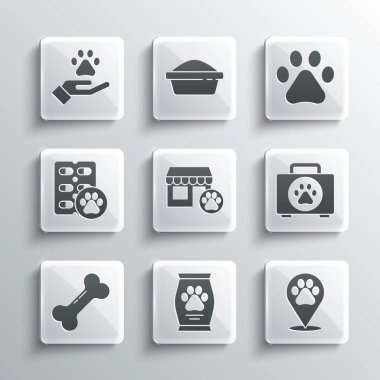 Yiyecek çantası, konum veterineri, evcil hayvan ilk yardım kiti, veteriner hastanesi, köpek kemiği, hap, hayvan ayak izli eller ve Paw ikonu. Vektör