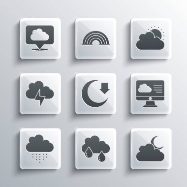 Bulut 'u yağmur, ay, hava tahmini, Ay, Fırtına, konum bulutu ve güneş ve hava ikonu ile ayarla. Vektör