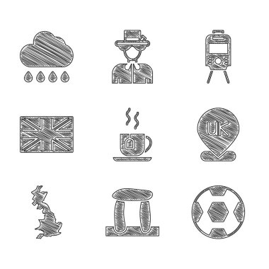 Çay poşetli çay, Stonehenge, Futbol, İngiltere Konumu, harita, Büyük Britanya Bayrağı, Tramvay Demiryolu ve Bulut yağmur ikonu. Vektör