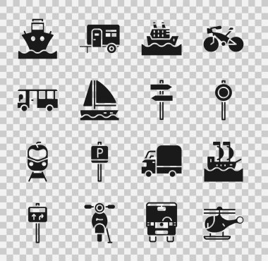 Helikopter, yelkenli, trafik levhası, yolcu gemisi, yat, otobüs, kargo ve ikon ayarlayın. Vektör