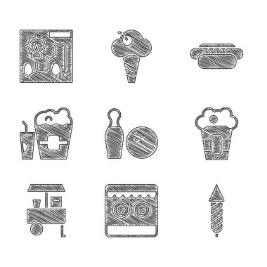 Bowling pimi ve topu, atış poligonu, havai fişek roketi, patlamış mısır kutusu, Fast Street yemek arabası, cam, Hotdog ve lunapark haritası ikonu. Vektör