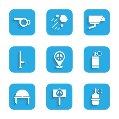 Barış, barış, el bombası, askeri miğfer, polis lastik copu, güvenlik kamerası ve ıslık ikonu ayarlayın. Vektör