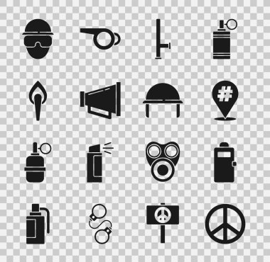 Barış, Polis hücum kalkanı, Protesto, plastik cop, megafon, meşale alevi, Özel Kuvvetler askeri ve askeri miğfer ikonu. Vektör