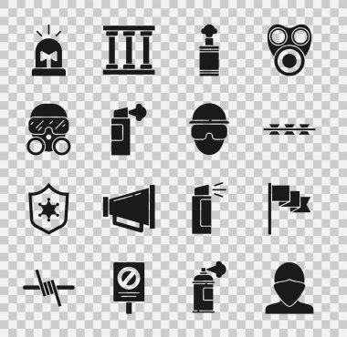 Vandal, konum belirleyicisi, dikenli tel, el bombası, biber gazı spreyi, gaz maskesi, flasher sireni ve Özel Kuvvetler askeri ikonu. Vektör