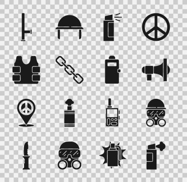 Biber gazı spreyi, gaz maskesi, megafon, zincir halkası, kurşun geçirmez yelek, polis lastik copu ve saldırı kalkanı ikonu. Vektör