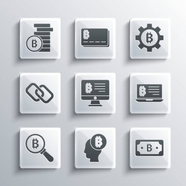 Bitcoin düşünme, Kripto para birimi bitcoin, dizüstü bilgisayardan madencilik, monitör, büyüteç, zincir halkası ve simgeyle birlikte. Vektör