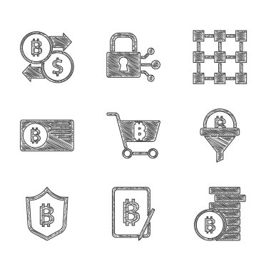 Alışveriş arabasını bitcoin ile ayarla, tabletten madencilik, Bitcoin, satış hunisi, kalkan, kredi kartı, engelleme zinciri teknolojisi ve kripto döviz simgesi. Vektör