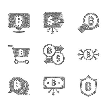 Kripto para değişimi, devreli Bitcoin, Kalkan bitcoin, alışveriş arabası, el ele tutuşmalar ve ikon. Vektör