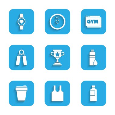 Set Ödülü kupası, kolsuz tişört, fitness karıştırıcı, spor açıcı, online fitness eğitimi ve Smartwatch simgesi. Vektör