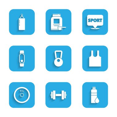 Kettlebell, Dumbbell, fitness shake, kolsuz tişört, ağırlık plakası, Smartwatch, spor salonu ve kum torbası ikonu. Vektör