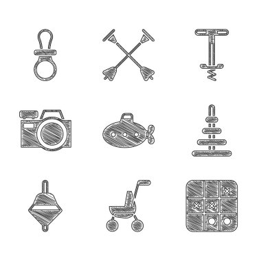 Denizaltı oyuncağı, bebek arabası, Tic tac toe oyunu, Piramit, Whirligig, fotoğraf makinesi, Pogo çubuğu atlama ve sahte emzik ikonu. Vektör
