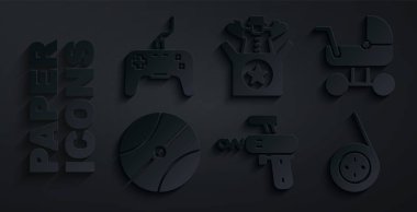 Ray silahı, bebek arabası, basketbol topu, Yoyo oyuncağı, kutuda Jack ve oyun alanı ikonu. Vektör