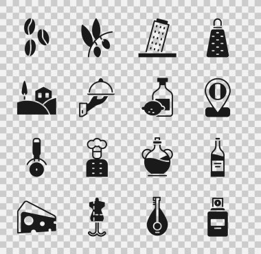 Parfüm, şişe şarap, lokasyon bayrağı İtalya, Tower Pisa tepsi yiyecekleri, köy manzarası, kahve çekirdekleri ve limoncello şişe ikonu ile kaplanmış. Vektör