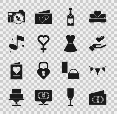 Tebrik kartı, bayraklı karnaval çelengi, kalp eli, şampanya şişesi, kadın cinsiyeti sembolü, müzik notu, fotoğraf makinesi ve kadın giyim ikonu. Vektör