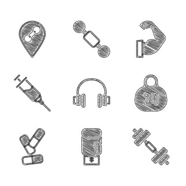 Kulaklıklar, boks eldiveni, Dumbbell, Kettlebell, Vitamin hapı, Doping şırıngası, vücut geliştirme kası ve spor salonu ikonu. Vektör