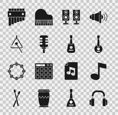 Kulaklıklar, müzik notası, ton, Banjo, Stereo hoparlörü, Mikrofon, Üçgen, Pan flüt ve Gitar ikonu. Vektör