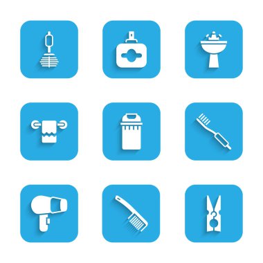 Çöp tenekesini, saç fırçasını, tokasını, diş fırçasını, kurutma makinesini, havluyu askıda, musluk musluğu ve tuvalet ikonuyla yıkamayı ayarla. Vektör