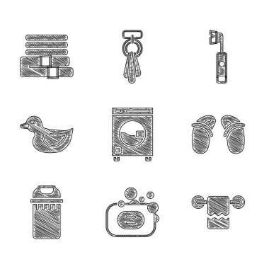 Yıkama seti, sabun, havlu askısı, terlik, çöp tenekesi, plastik ördek, elektrikli diş fırçası ve yığın ikonu. Vektör