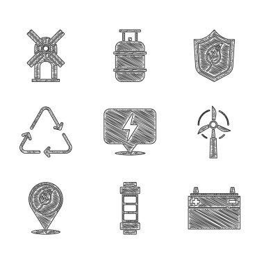 Şimşek, pil, araba aküsü, rüzgar türbini, yapraklı konum, geri dönüşüm sembolü, kalkan ve simge ayarlayın. Vektör