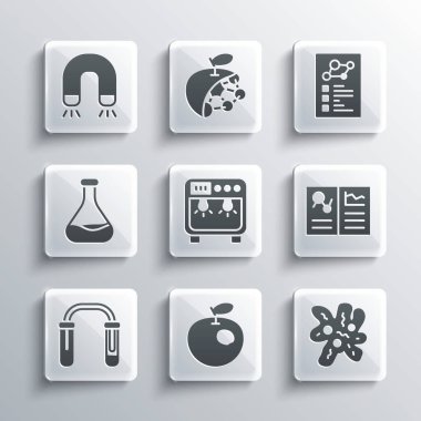 Genetik olarak modifiye edilmiş elma, hücre, klinik kayıt, biyo-sosyal kutu, tüp ve matara, mıknatıs ve ikon ayarlayın. Vektör