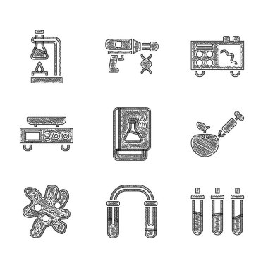 Genetik mühendisliği kitabı, test tüpü ve matarası, Reaktif şişe, genetik olarak değiştirilmiş elma, hücre, elektronik ölçek, spektrometre ve ateş ikonu ayarla. Vektör