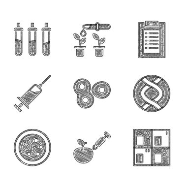 Hücre bölünmesi, genetik olarak değiştirilmiş elma, periyodik tablo, DNA sembolü, bakteri, şırınga, klinik kayıt ve Reaktif şişe ikonu içeren Petri kabı. Vektör