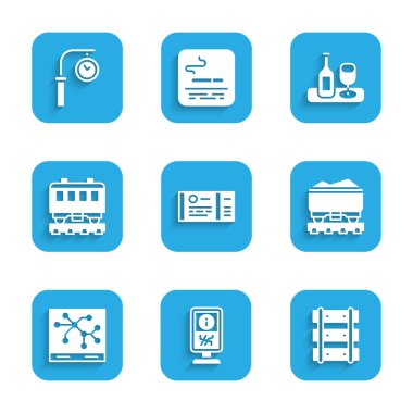 Tren bileti, danışma standı, tren yolu, tren yolu, kömür treni vagonu, harita, yolcu vagonları, cam ve istasyon saat ikonlu şarap şişesi. Vektör